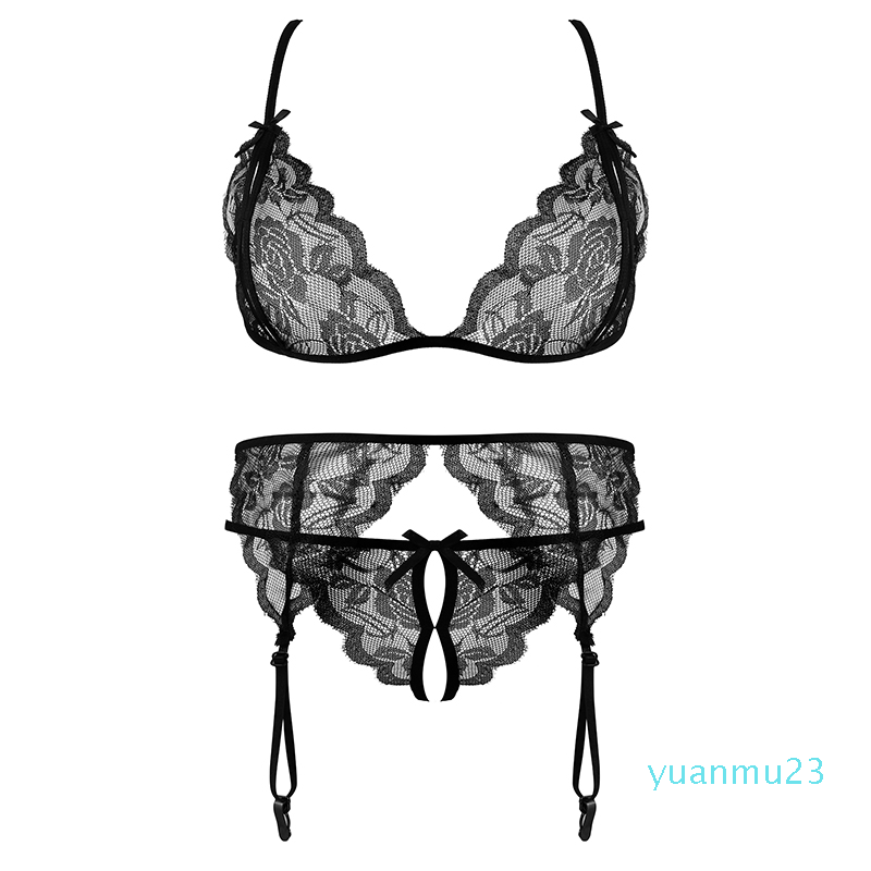 Gros-Femmes Sexy Lace Sport Lingerie ensemble Yoga Running Gym Transparent Push Up Sous-vêtements de sport antichoc et avec jarretelles Panty ens