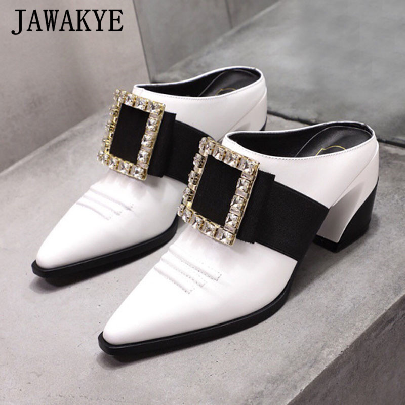 

British Style Real Leather Dress Mules Women Slides Big Square Crystal Buckle Slippers Point Toe Strange Heel Shoes Women, White