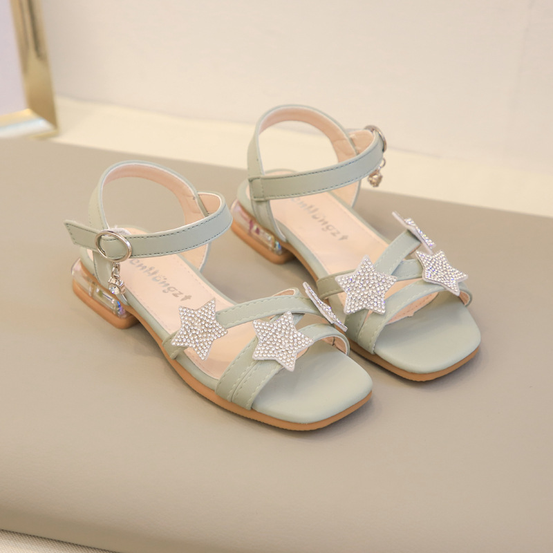 

Medium Big Kids Crystal Beach Shoes Summer Children's Princess Beach Shoes Casual Stars With Rhinestone Girls Low Heels Sandals, Pink