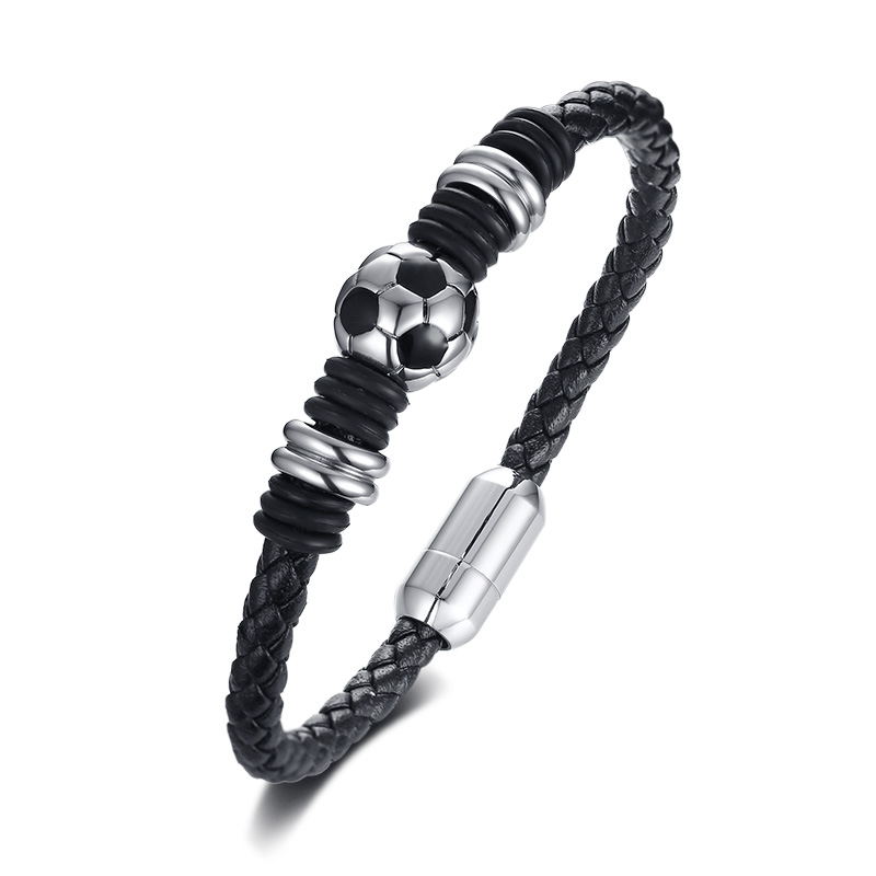

Soccer Bracelet Sports Jewelry Gift for Soccer Lover Football Charm Braided Leather Bracelet with Stainless Steel Magnet Clasp