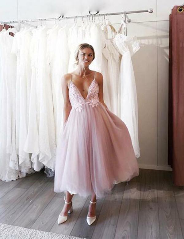 blush pink tea length wedding dress