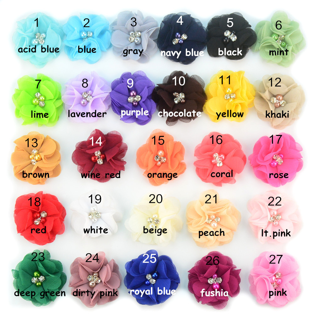 

wholesale sewn beaded fabric chiffon ruffled flowers w/pearl rhinestone center without clip for baby infant, Multi-color