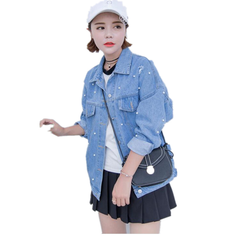 

Pearls Beading Denim Jacket Women 2019 Single Breasted Vintage Autumn Jean Jackets and Coats Plus Size Casual Jaqueta Jeans k239, Light blue