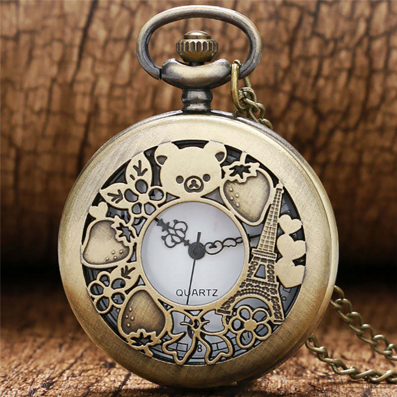 

Bronze Vinatge Pocket Watch Cute Hollow Rilakkuma Paris Eiffel Tower Pattern with Necklace Chain Quartz Movement Reloj De Bolsillo