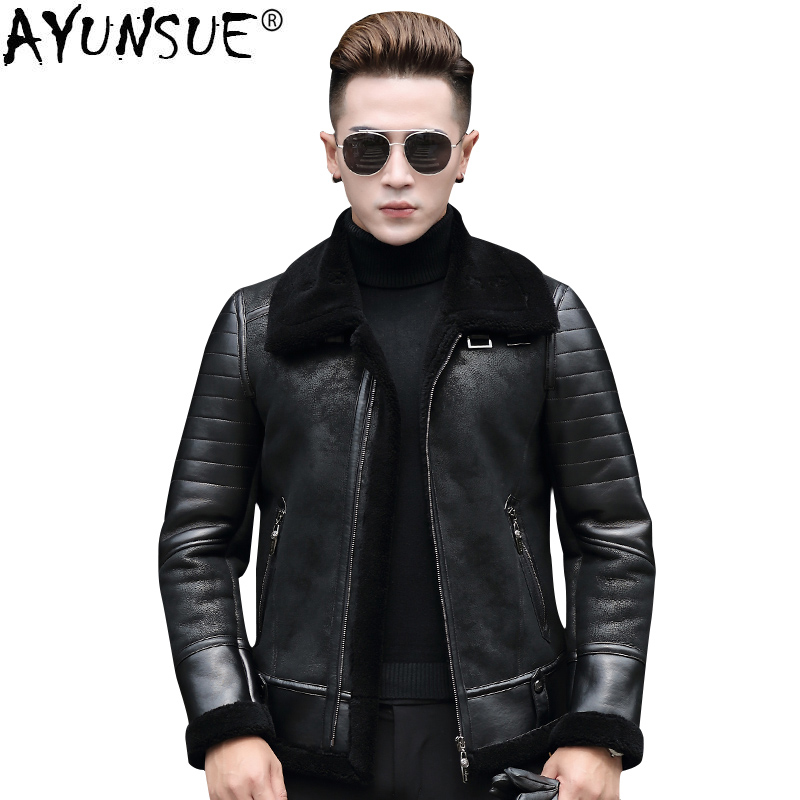 

AYUNSUE Genuine Leather Pilot Jacket Sheepskin Coat for Men Natural Wool Fur Coat Motorcycle Chaqueta Cuero Hombre 8726 KJ826, Black