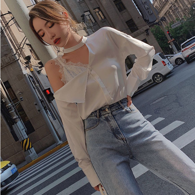 

EWQ] 2020 Summer New Sweet Full Sleeve Off Shouler Loose Shirt Korean Style Fashion Trend Women' Sexy White Blouse QL82600, Black