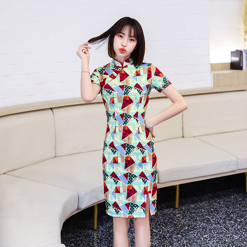 

FZSLCYIYI Daily Cheongsam Knee-length Style Cheongsam Slim Elegant Dress Traditional Chinese Women Geometric Print Qipao Dress