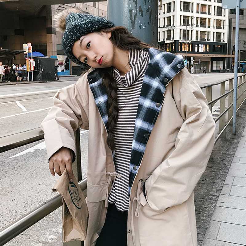 

Winter Autumn Women Long Sleeve Hooded two-sided cloths Plaid Cotton Outerwear Female Loose Casual Adjustable Waist Coats ZX900, As show