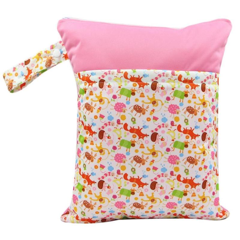 

Reusable Waterproof Portable Prints Cloth Diapers Dry Wet Bag with Zipper Double Pocket Travel Organizer Bag for Baby, 19