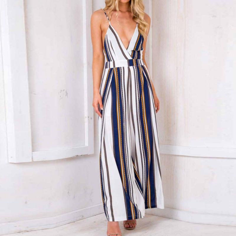 

2020 Womens Jumpsuit Plus Size V-Neck Leisure Commute Korean Version Print Strappy Holiday Long Playsuits Trouser Jumpsuit#G1, Blue
