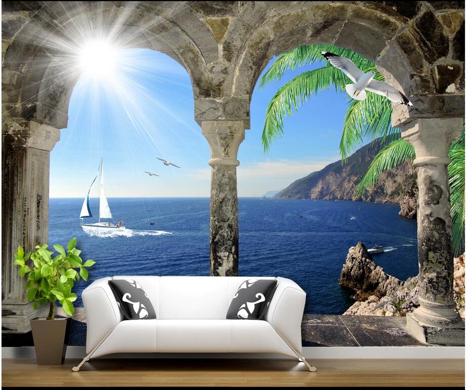 

3d wallpaper custom photo mural Mediterranean archway sailing coconut tree old castle vintage background wallpaper for walls 3 d living room, Non woven