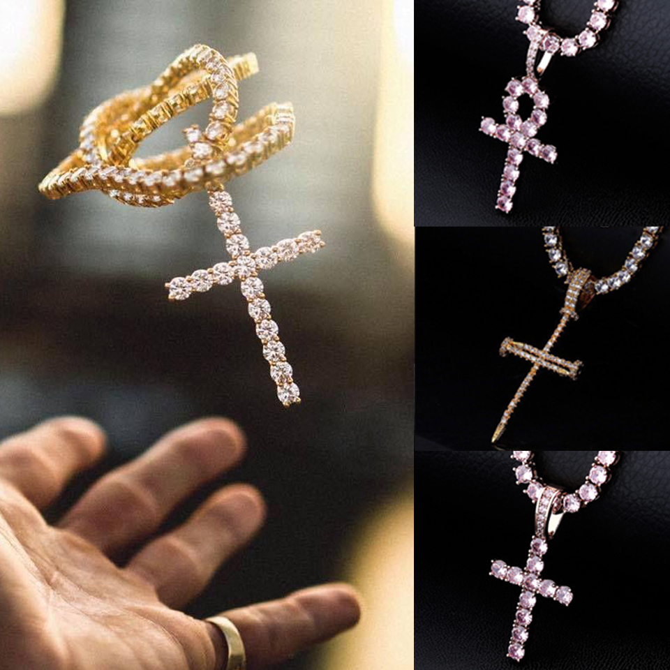 

18K Gold Plated CZ Zircon Cross Key Pendant Tennis Chain Necklace for Men & Women Full Diamond Hiphop Rapper Jewelry Couple Gifts Wholesale