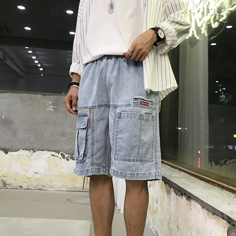 

2019 Summer New Wild Elastic Band Loose Straight Big Pocket Youth Super Fire Student Harajuku Casual Denim Shorts, Blue