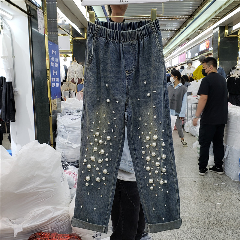 

2020 Spring Summer New Elastic Waist Jeans Heavy Industry Beaded Loose Straight Jeans Women Loose Casual Denim Trousers Feminina, Blue