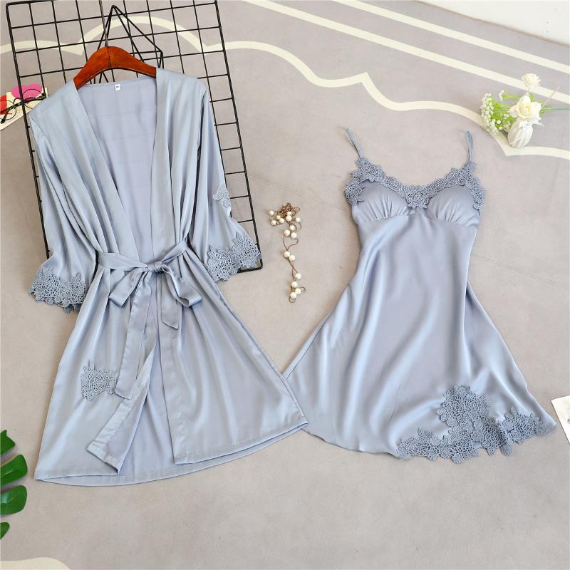 

Navy Blue Womens 2PC Strap Top Pajamas Sleepwear Sets Lady Home Wear Nightgown Suit Sexy Kimono Robe Bath Gown Sleepshirts -XL, B - 3