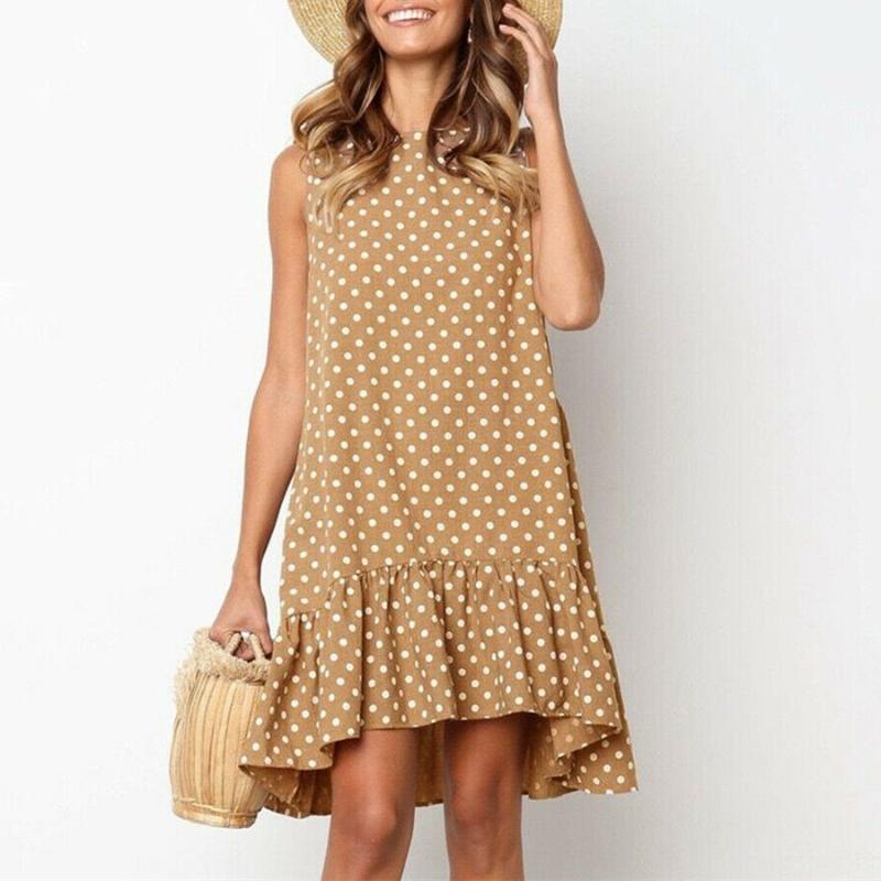 

Vintage Women Polka Dots Summer Dress New Lady Girls Sleeveless Ruffled Hem Sundress Holiday Beachwear Boho A-line Swing Dresses, Black