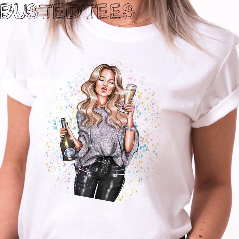 

2020 New Arrival 90s Harajuku Women Fashion Girl Champagne Print Cotton T-shirt Happy Aesthetic Soft Tops Plus Size Shein Gothic, 511314