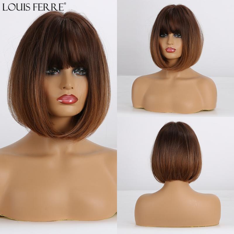 

LOUIS FERRE Ombre Brown Honey Short Wigs Bob Style Straight Synthetic Wigs with Bangs Lolita Bobo for Black Women Afro, Ss145-2
