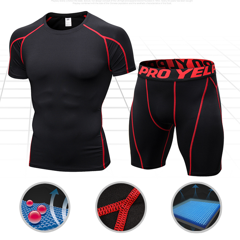 

Quick Dry Compression Suits Short Sleeve Shirt+Shorts Men' Running Set Fitness Tight Sport Suit Men Outdoor Jogging sportswear, Blue
