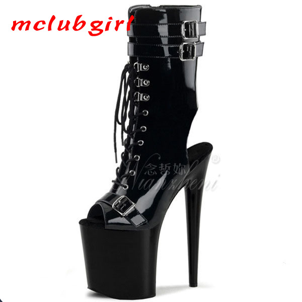 

Mclubgirl 15 Cm Super High Heel Black Lacquer Leather Belt Buckle Low Boots 17 Cm Sexy Fishmouth Net Women's Shoes Sexy Boot LYP, Black17cm