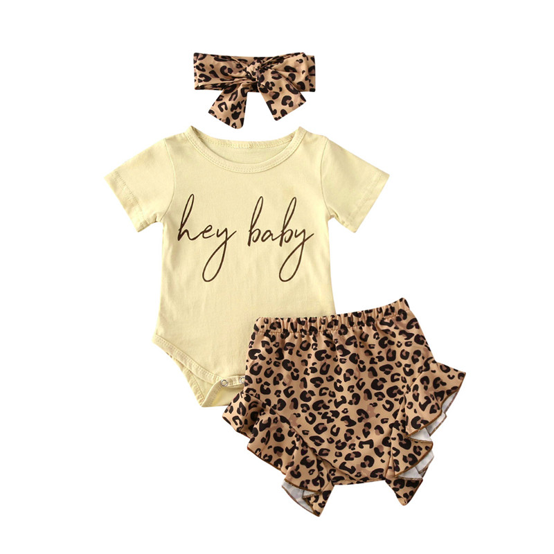 

Infant 3Pcs Short Sleeve Baby Print Leopard Shorts Lotus Leaf Bow Headband Summer Child Clothing, As pic