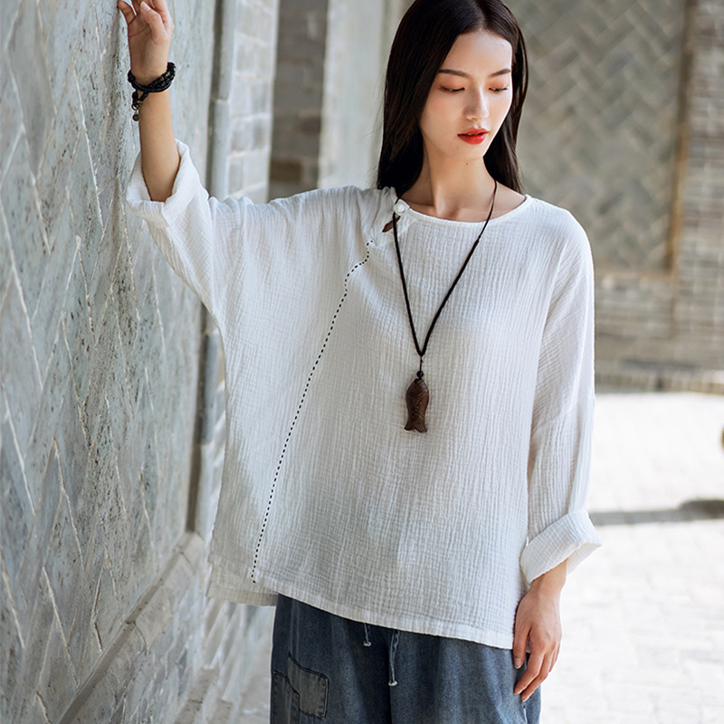 

Spring and summer 2020 new oversize shirt female long sleeve bottomed T-Shirt cotton linen Tops for women, Blue