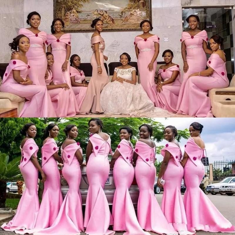 

2020 African Pink Bridesmaid Dresses Long Mermaid Cheap Off Shoulder maid of honor Mermaid Custom Made Wedding Party Guest Gown