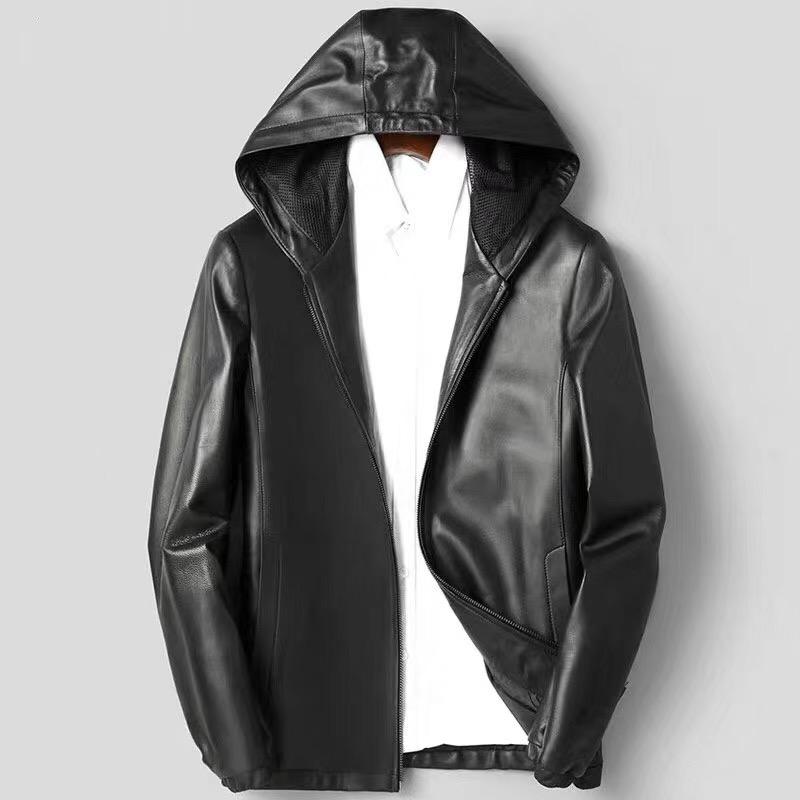 Men's Leather Mens Jacket Sheepskin Collar Business Men Natural High-Quality Hooded Coat H55