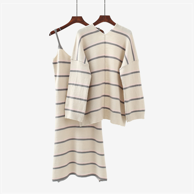 

Casual Striped Sweater Jumpers Cardigans With Dress Pull roupas feminina Fashion New knitting Female 2 PCS Sweater and Dress, Ivory