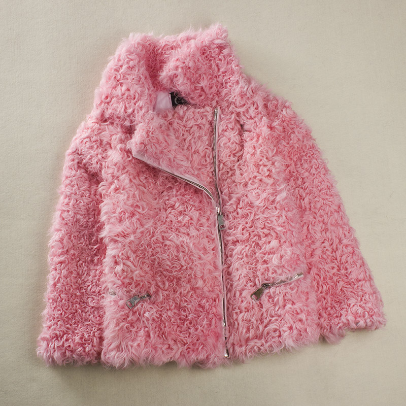 

Short zipper locomotive jacket Lambs and fur coats in Europe and America women winter jacket with natural fur women, Ivory