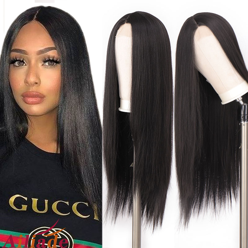 

AILIADE Black Long Straight Synthetic Lace Front Wigs Heat Resistant Wigs With Natural Part Wig for Women Cosplay or Party