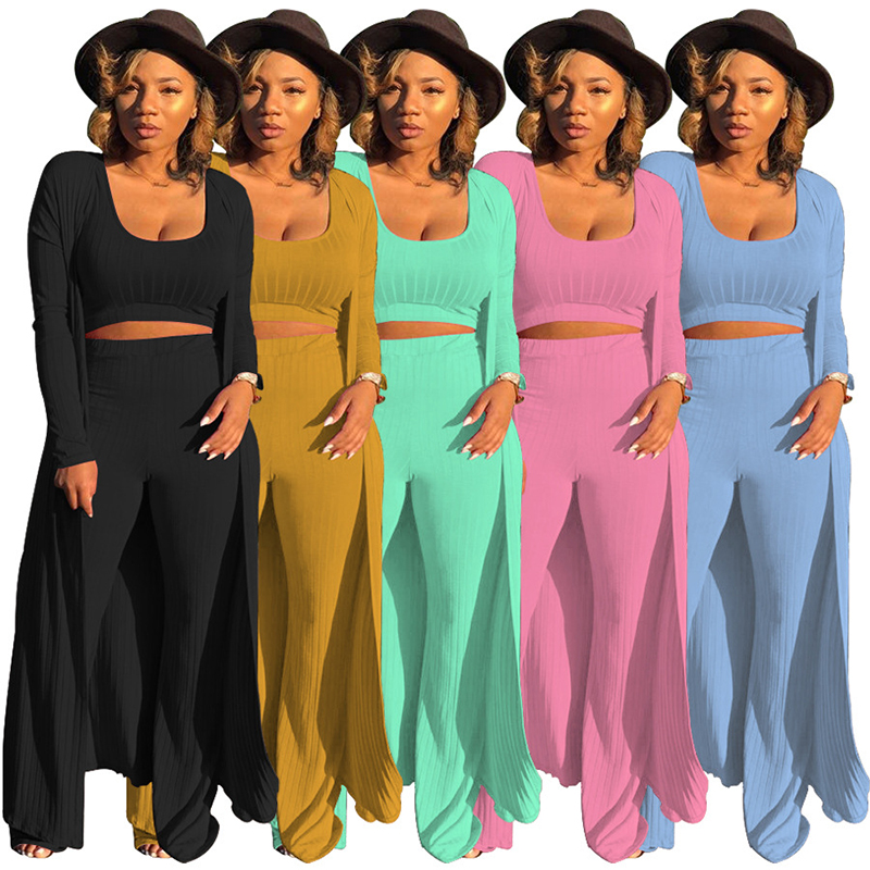 

3 Pieces/Set Multicolor Sexy Knitted Cotton Suit Long Coat+Pants+Crop Top Women Tracksuit Casual Sports Overalls Sweatshirts, Black