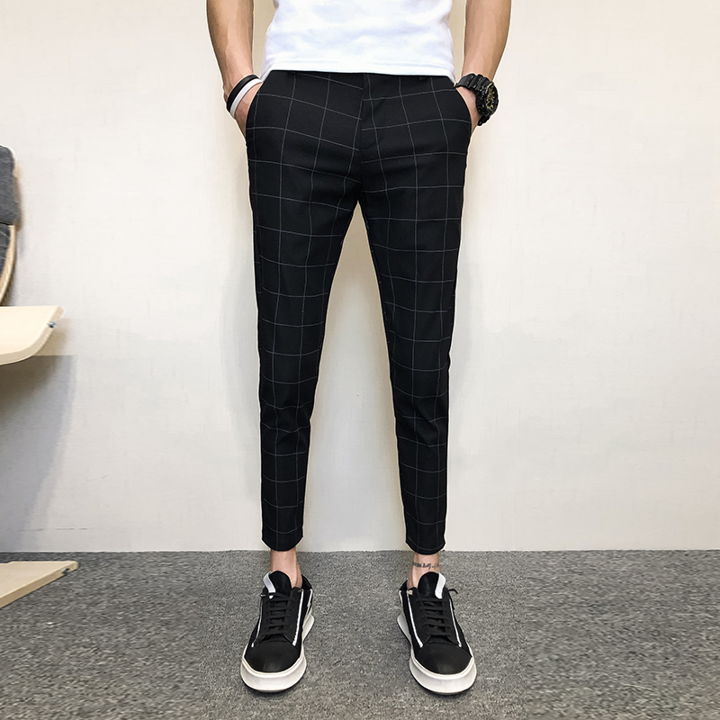 

Plaid Slim Fit Pants Men 2019 New Summer Cool Black Ankle-Length Pants Man Stylish Koran Style Thin Checkered Men's Trousers, As pic
