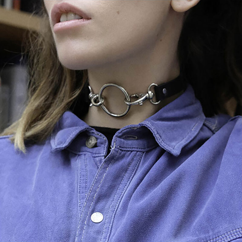 

Punk Style Women Metal Round Ring PU Leather Choker Necklace Casual Harajuku Female Adjustable Accessories Jewelry Chocker