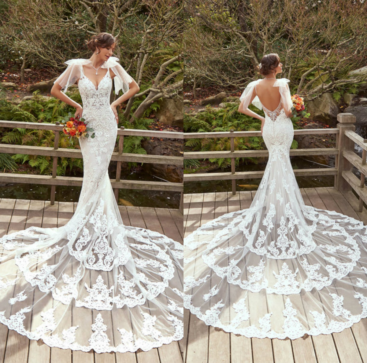 

2020 Kitty Chen Mermaid Wedding Dresses Lace Appliqued Plunging Neck Boho Wedding Dress Sweep Train Custom Made Backless Bridal Gowns, Water melon