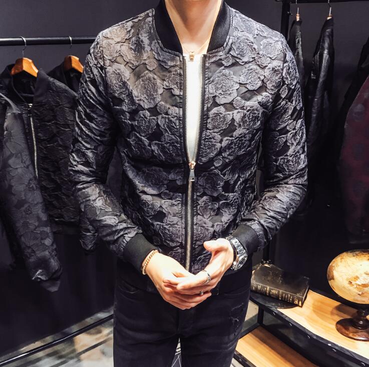 

Fashion-Mens Slim High Street Jackets Coats Floral Design Outerwear Tops Hommes Bomber Jackets Autumn Wiinter Fit Jackets Mens Clothing, Black