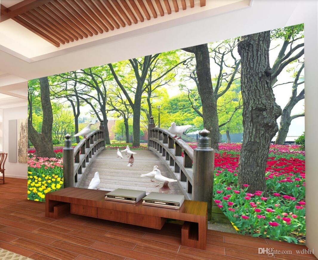 

3d wallpaper Interior decoration Custom wall Park wooden bridge pigeon forest beautiful sofa 3D landscape murals wallpaper for walls 3 d, Picture shows