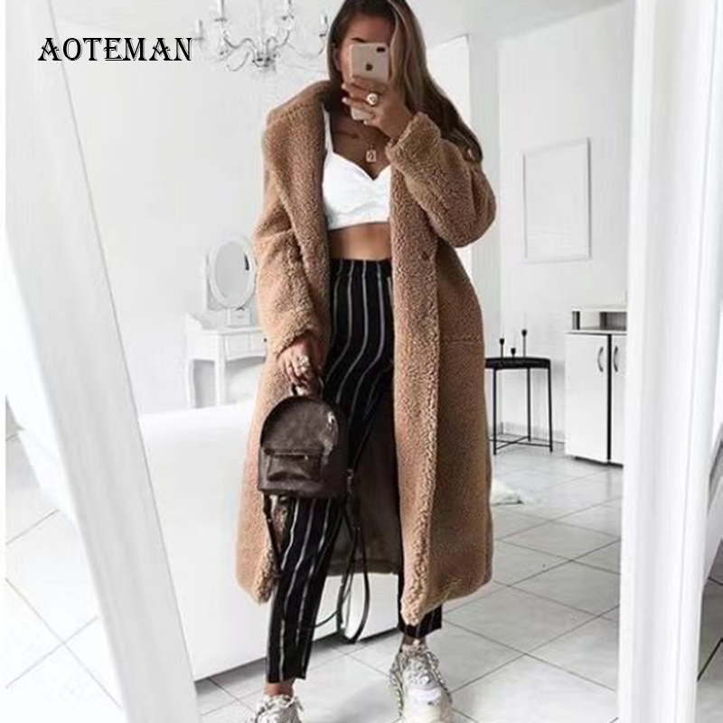 

Autumn Winter Coat Women 2019 Casual Loose Solid Long Teddy Coat Female Vintage Plus Size Thick Faux Fur Jackets Coats White 5XL