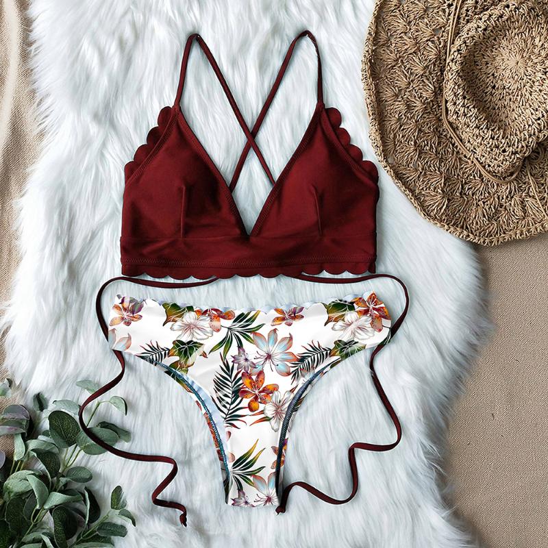 

Sexy Top Solid Bottom Printed Bikini Set 2020 Lace Up Bikinis Women Swimsuit Brazilian Biquini Female Swimwear Bathing Suit