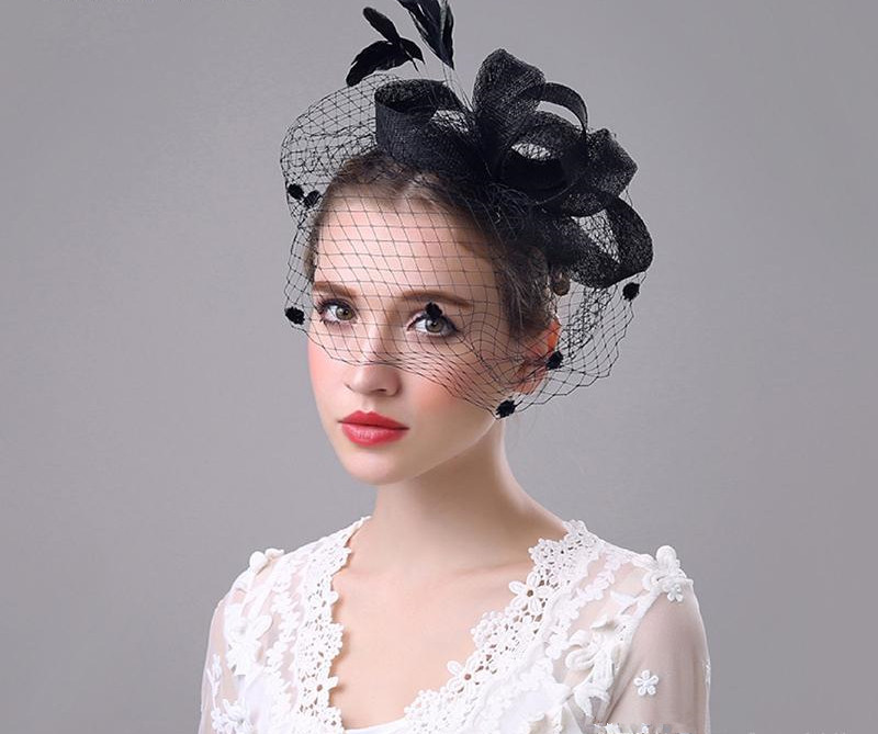 

Luxury Bridal Hats Women Wedding Party Hat Performances Tulle Bows Feather Head Flower Hair Band Headbands Top Quality Z142, Navy blue