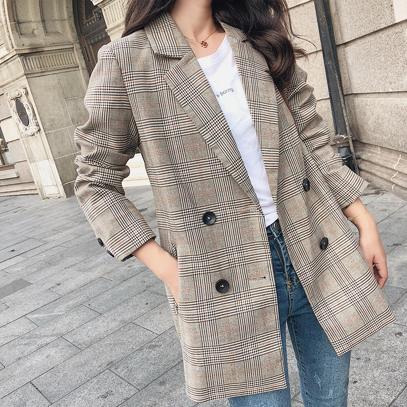 

Women Plaid Blazers and Jackets Suit Autumn Long Sleeve Double-Breasted Work Wear Notched Casual Blazer Jacket Outerwear, Picture color