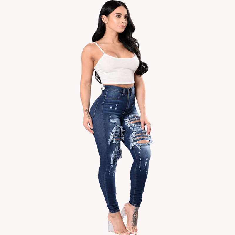 

Fashion Ripped Jeans For Women Middle High Waist Slim Tassels Jeans Casual Skinny Denim Cotton Hole Pencil Feet Pants, Navy blue