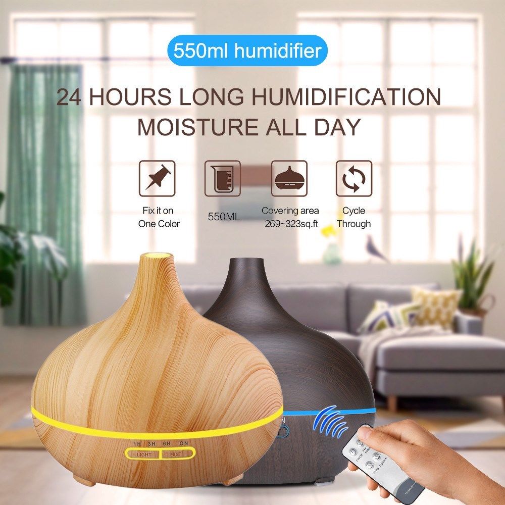 

New Light / Dark Wood 550ml Air Humidifier Remote Control Essential Oil Diffuser Cool Aroma Mist Maker 7 LED Color Changing