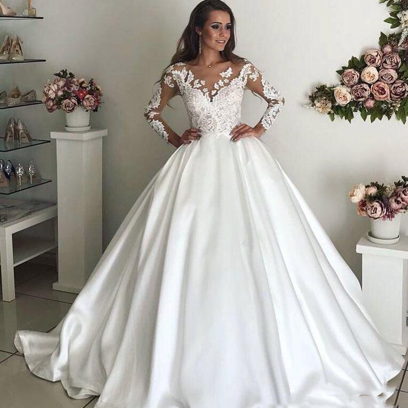

Gorgeous Lace Wedding Dresses with Sheer Neck Illsuion Long Sleeves Appliques Country Style Satin Bridal Gowns Custom Made RT1989, White