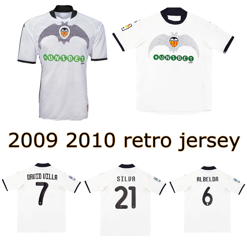 

2009 2010 Valencia Retro CF soccer jersey 90th Anniversary home David Villa MATA David Silva Zigic Banega vintage football shirt jerseys, Home jersey