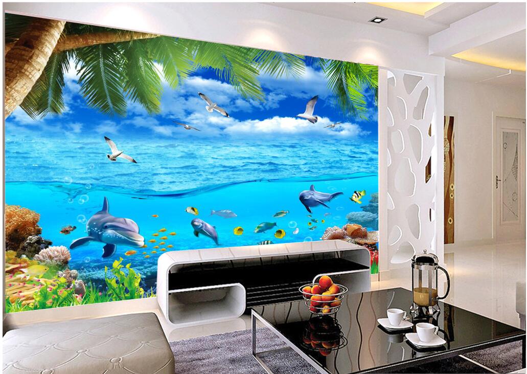 

WDBH custom photo 3d wallpaper Coconut tree dolphin with sea view background home decor living room 3d wall muals wall paper for walls 3 d, Non-woven