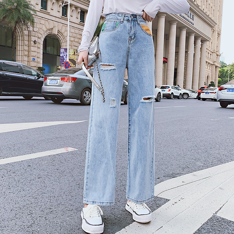 

2019 new loose jeans hole mopping retro women' high waist straight trousers, 8876