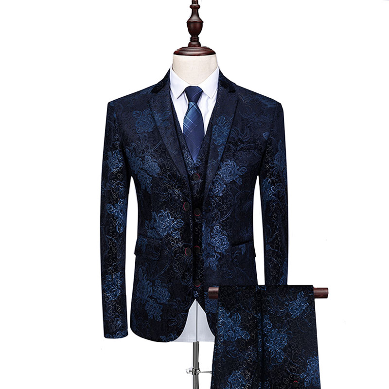 

2020 Fashion Colorful Floral Printed Men Suits Slim Fit Prom Tuxedo Male Suits For Wedding 3 Piece Costume Set Large Size M-6XL, Dark blue