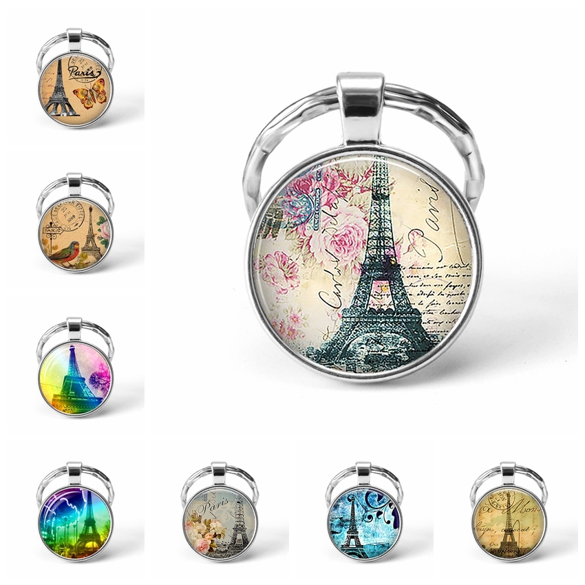 

Romantic Paris Eiffel Tower Key Chains Art Lady Wander Drawing Design Glass Pendant Cute Keychain Keyring Women Bag Jewelry