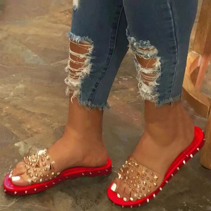 

Women 2020 New Fashion Flat Heel Sandals Pu Sexy Fashion Wild Roman Style Rivets Flip Flop High-quality Customization Sandals, Red